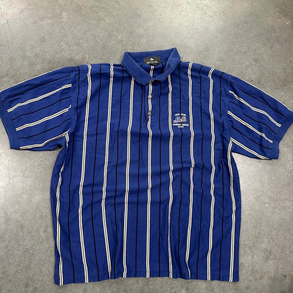 Antigua Vintage 2000s New York Mets Blue Polo striped Shirt Size Lg